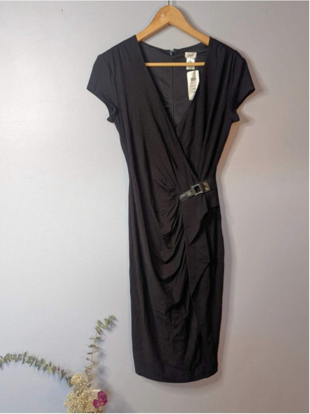 VINTAGE DEADSTOCK NWT Cache Black Mock Wrap Dress - Ruched Buckle Midi M